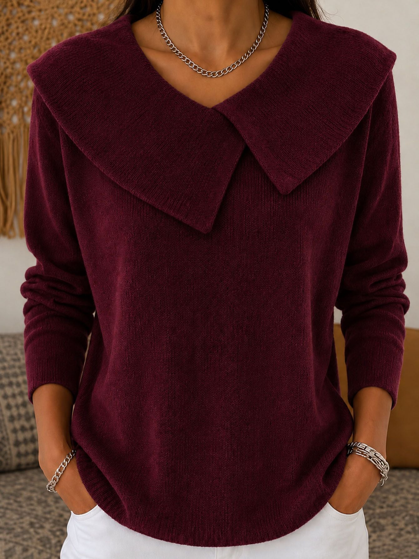 Slim-fit col V Sweater Versatile Solid-color Knit Top