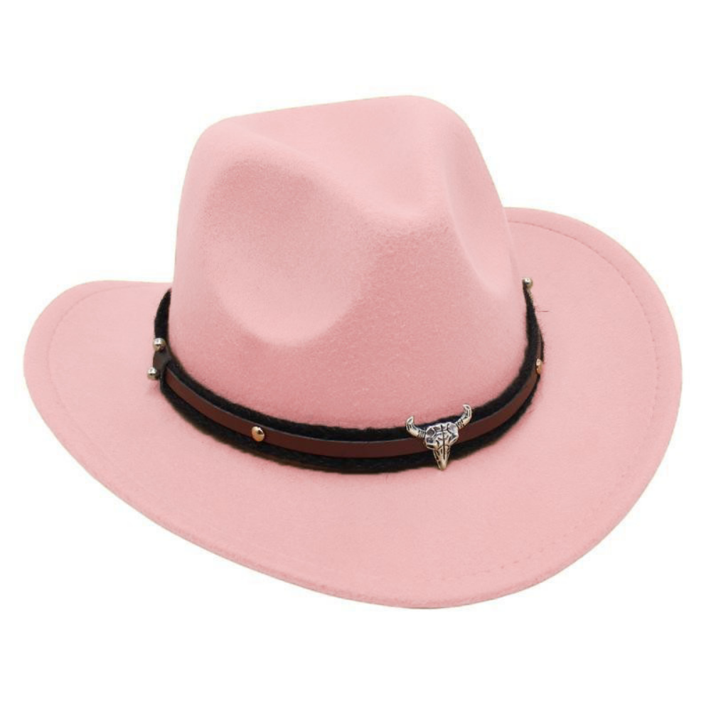 Chapeau américain rétro Western Cowboy - Silver Bull Head Large Brim Felt Chapeau tricoté