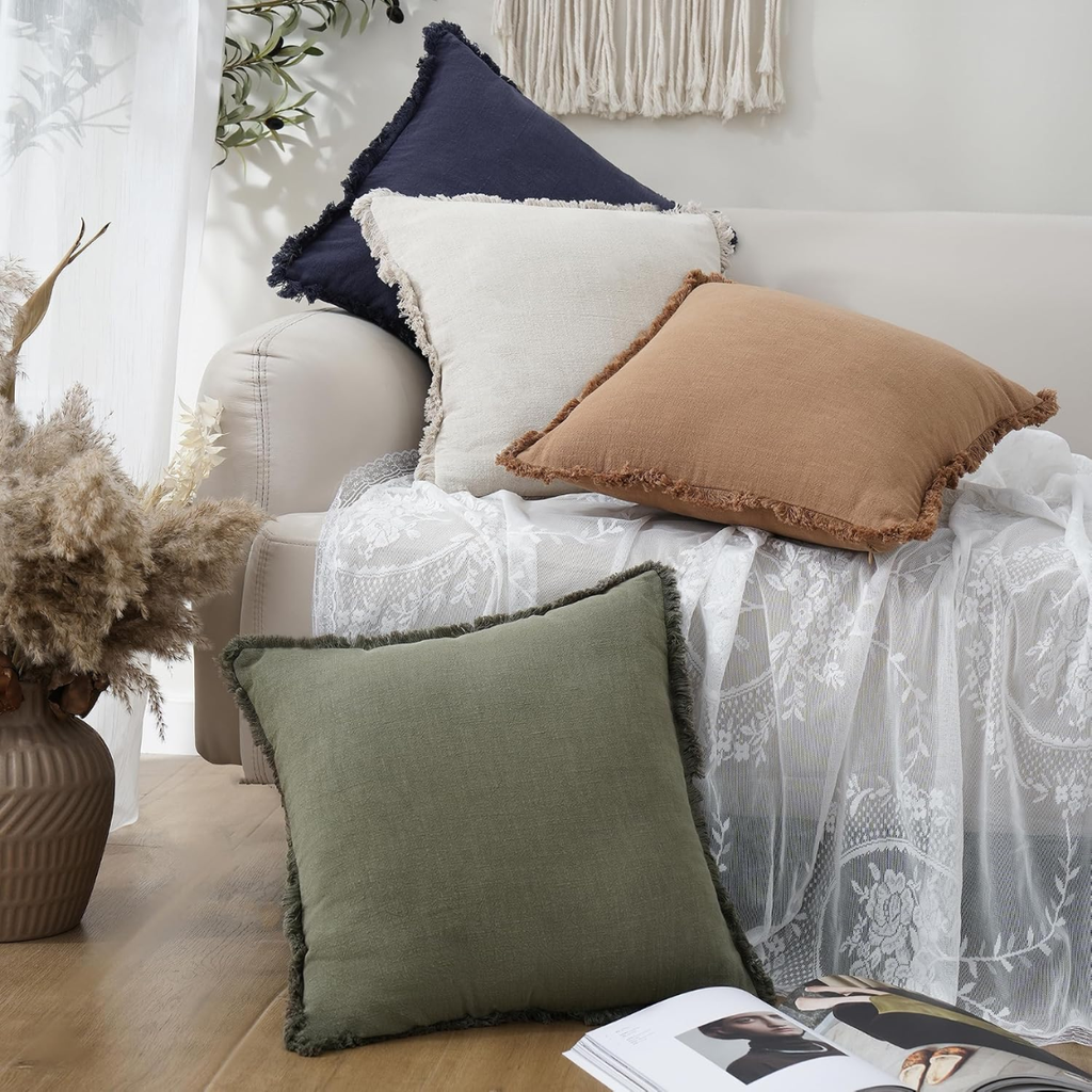 Couverture d'oreiller décoratif en lin frange 18x18 pouce