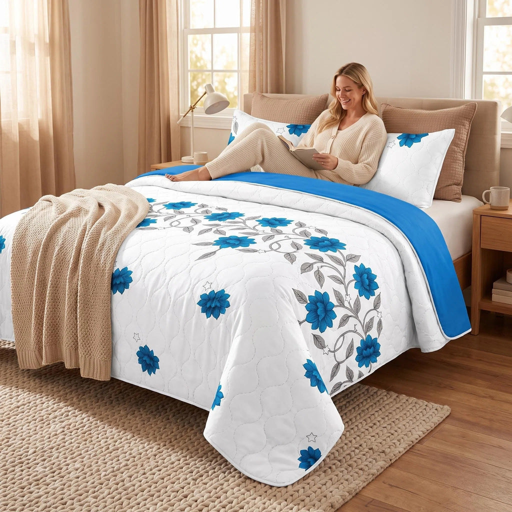 3-Piece Gris Bleu Floral Vine couvre-couche pour roi et roi de Californie