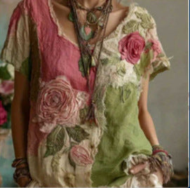 Top femme à manches courtes avec faux design Jacquard