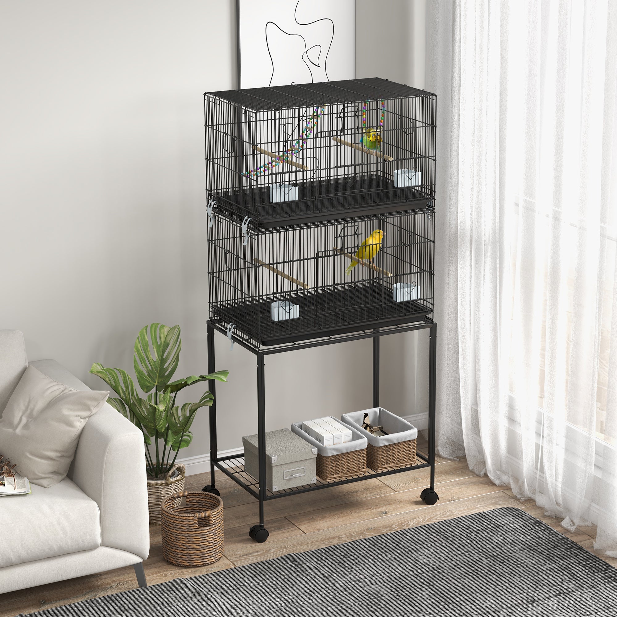 Double cage d'oiseau empilable sur roues avec support
