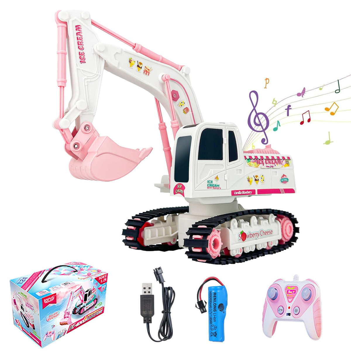 Pink Remote Control Excavator Toy Rechargeable Tracked Construction Vehicle with Lights and Sounds