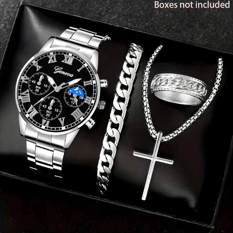 Hommes Quartz bracelet de collier de montre et bague 4 pièces