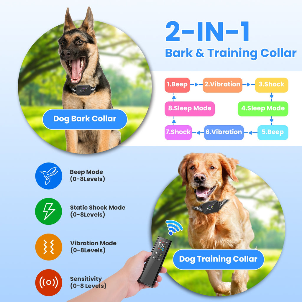 1Pc 2 en 1 chien Choc et collier de barque collier d'entraînement de chien avec télécommande rechargeable IP68 Wat