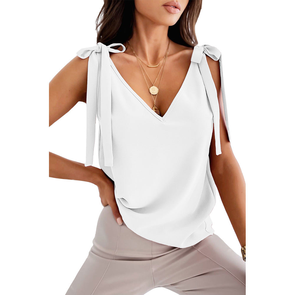 Bowknot Tie Up Camisole Col V chemises Femmes Été sans manches Tank Tops