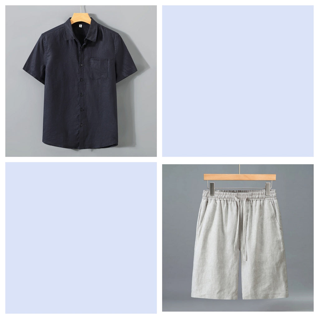 Short en lin pur pour homme et ensemble de chemises à manches courtes - Outfi léger décontracté d'été
