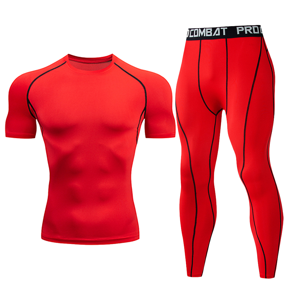 Hommes 2Pcs Fluorescent Green Compression Set Quick Dry Short Sleeve Tight chemise longue legging