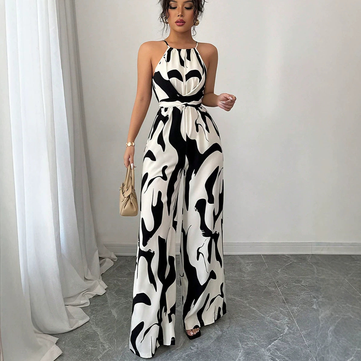 Commerce extérieur Halter Neck Jumpsuit Summer European and American Style Milk Pattern Tie-Up