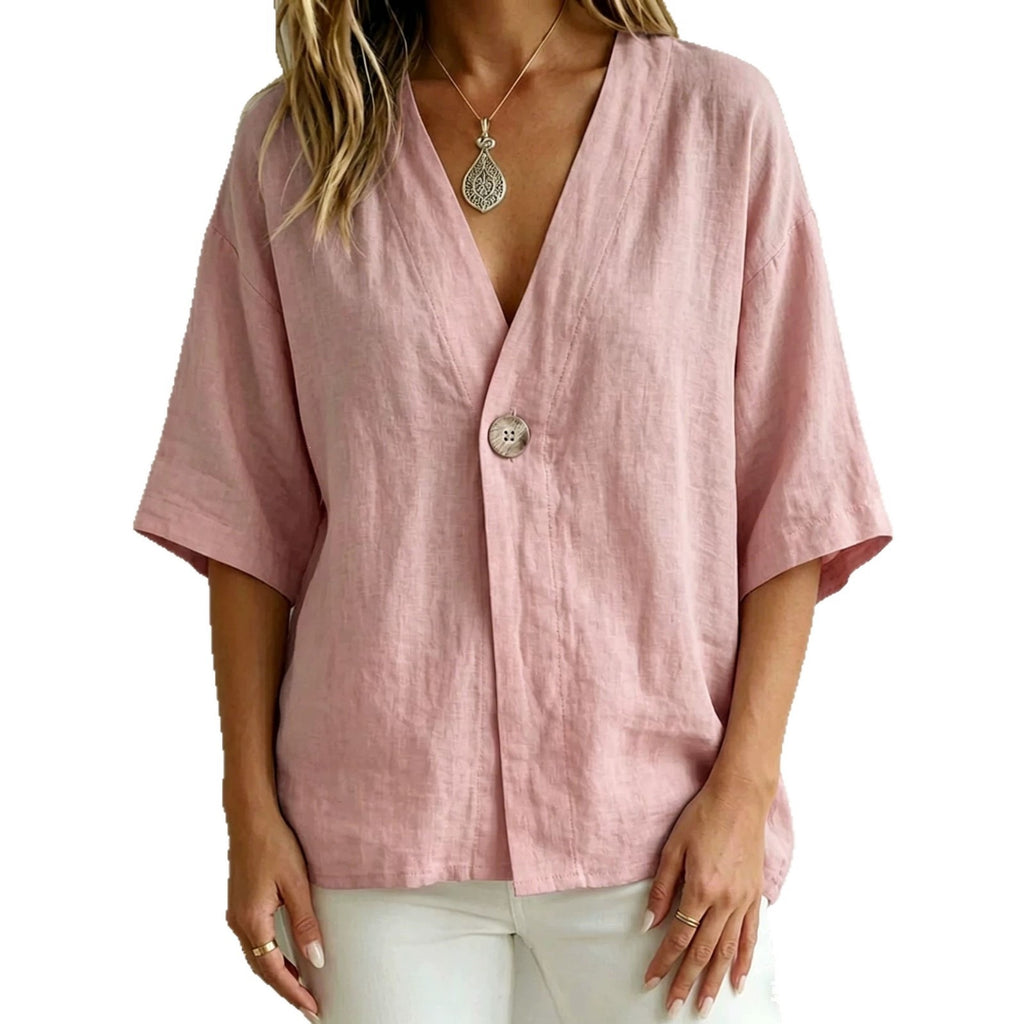 PrintempsÉté Femmes Casual Loose-Fit Solid-Color V-Neck Top avec Boutons