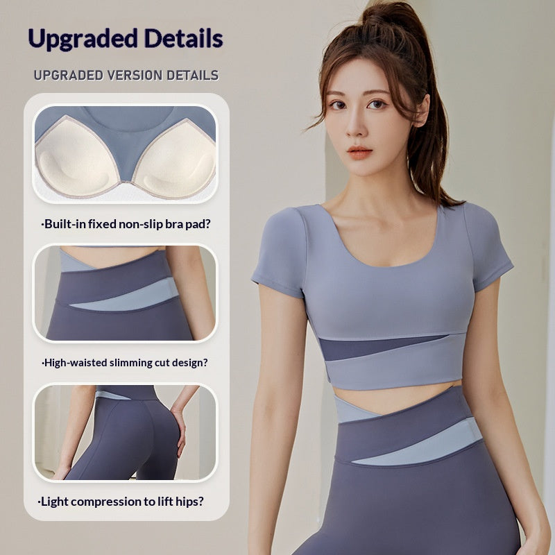 Women's Color Block Yoga Short Sleeve Top with Built-in Bra Pads