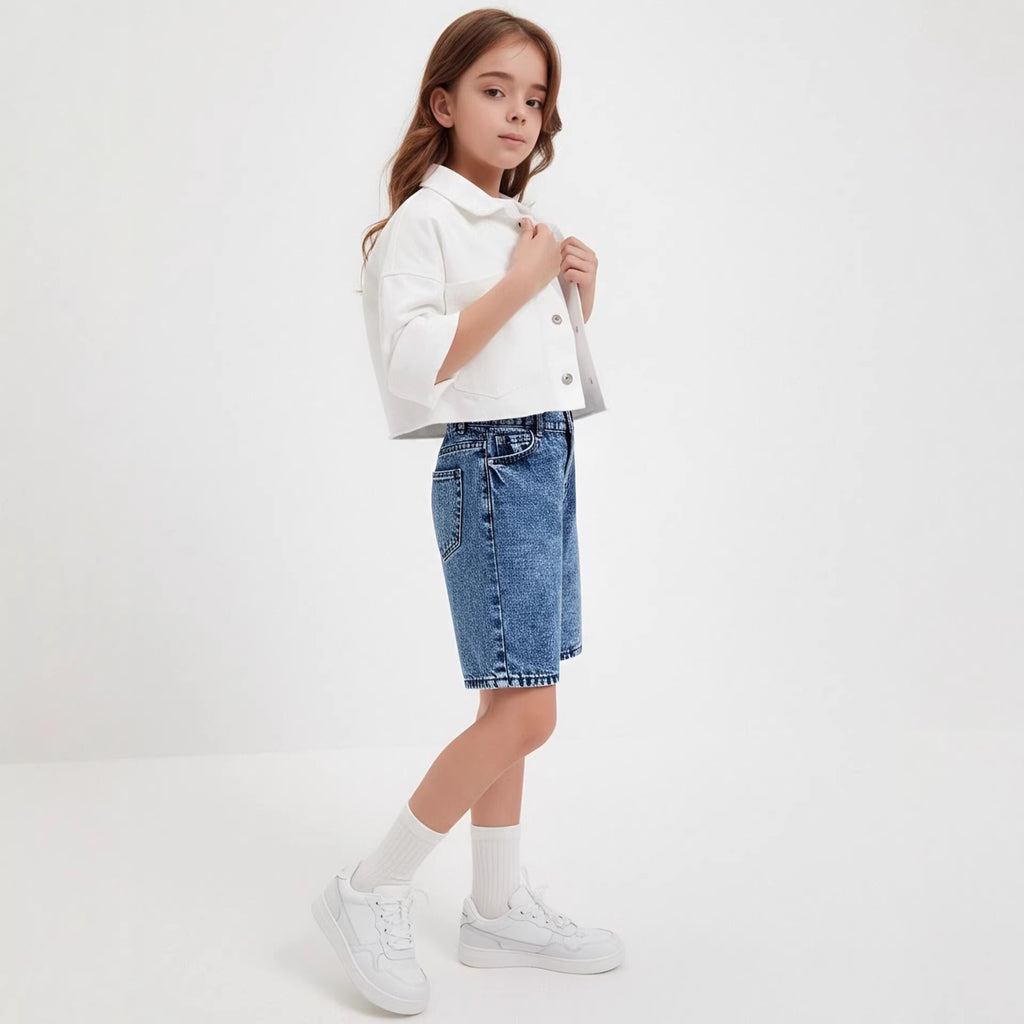 Washed denim girls' mid-length shorts