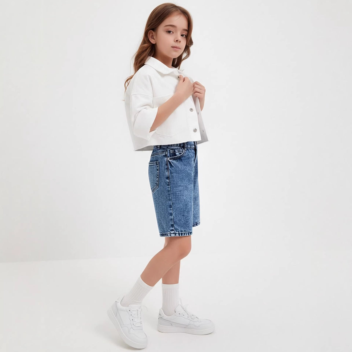 Washed denim girls' mid-length shorts