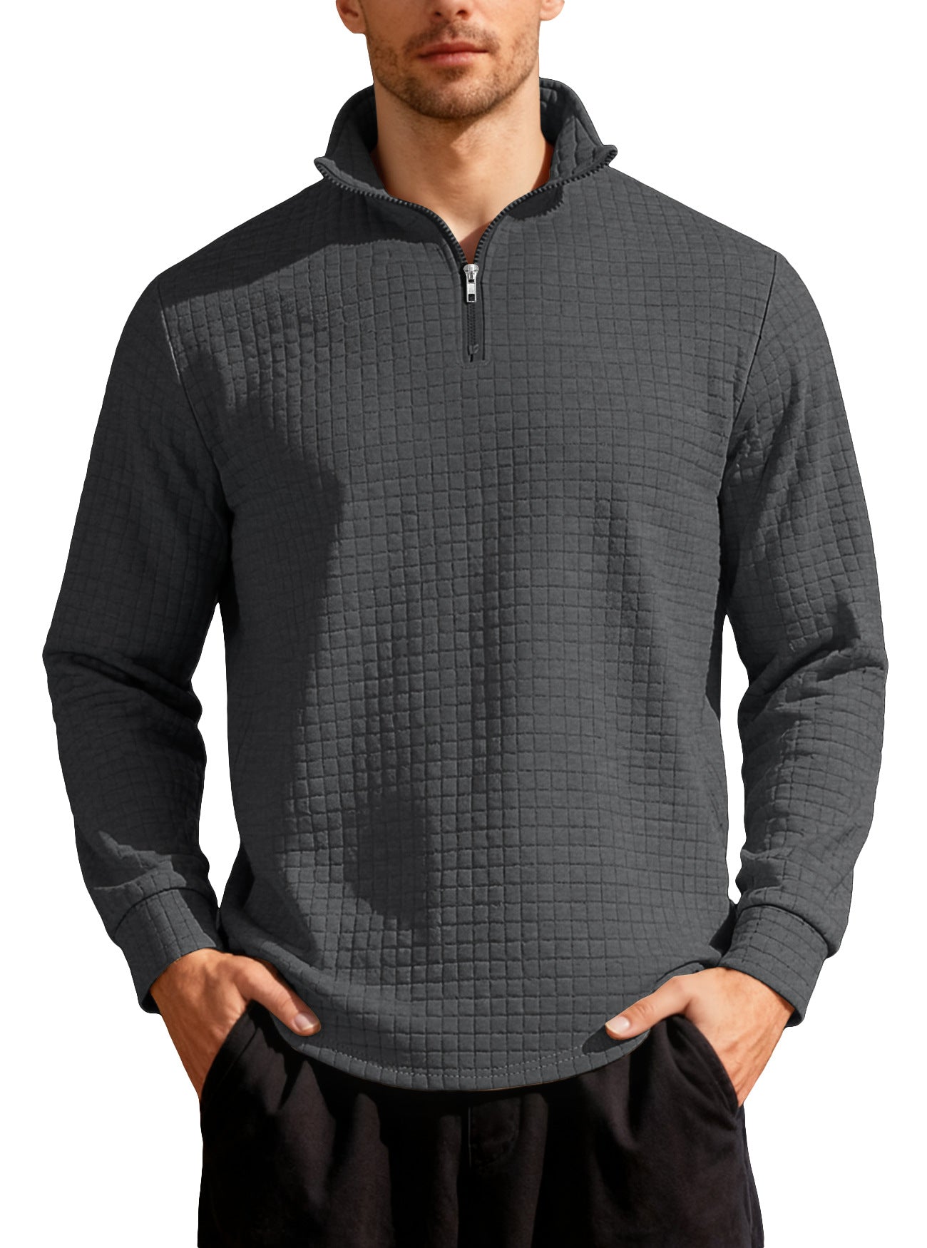 Homme d'affaires casual Loose-fit Jacquard Col d'équipage demi-zip Hoodie avec petite patte carrée