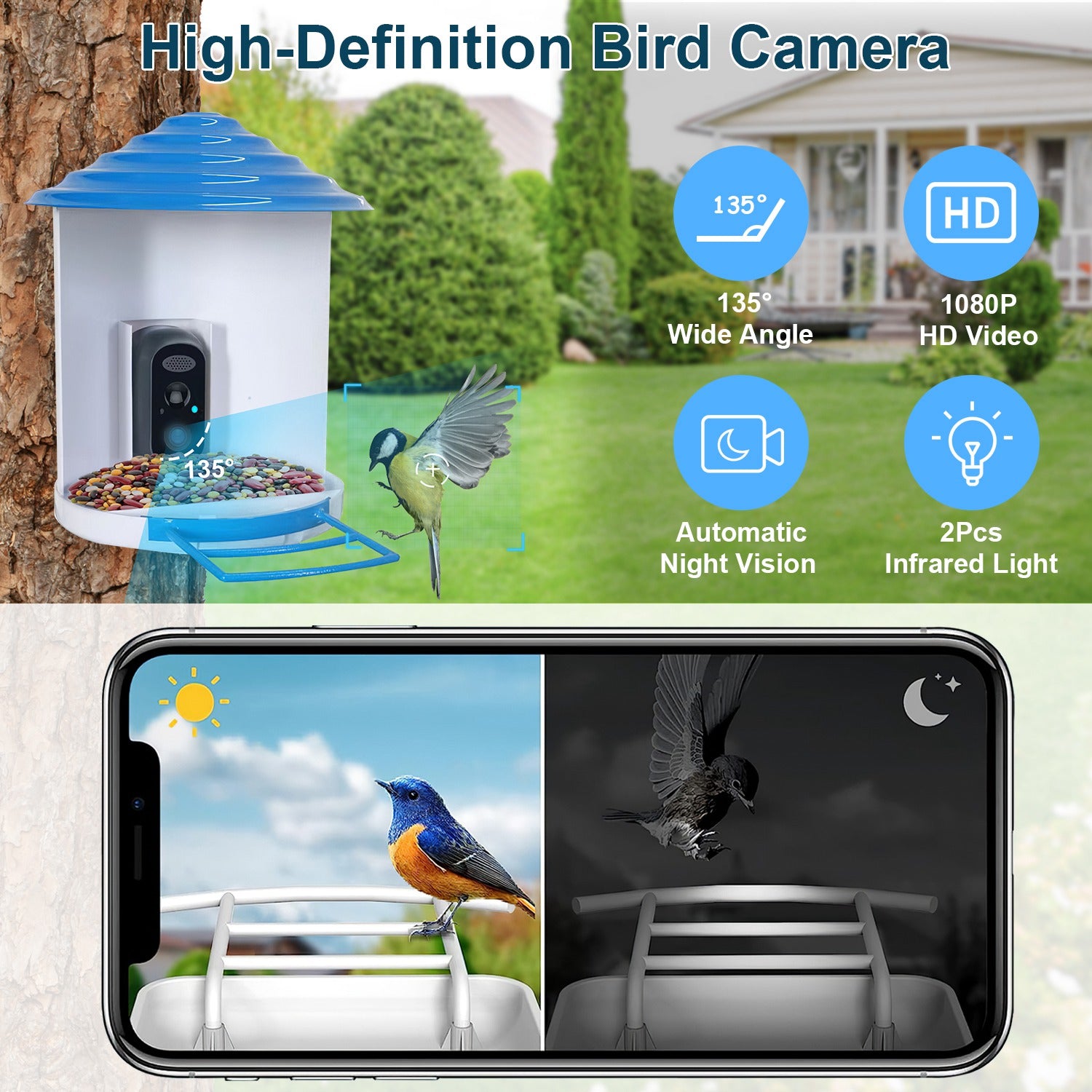 Smart Bird Feeder avec caméra solaire 1080P HD AI identifier PIR Motion Auto Capture V