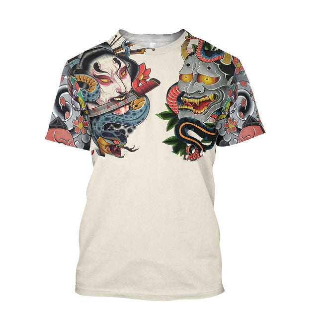 T-shirt homme 3D Samurai Imprimé T-shirt enroulé Col rond