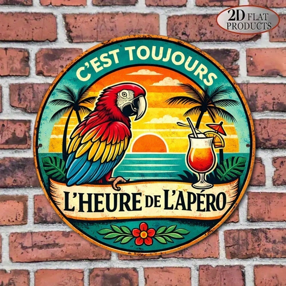 8x8in Vintage Parrot Cocktail Round Signe Happy Hour Bar Decor