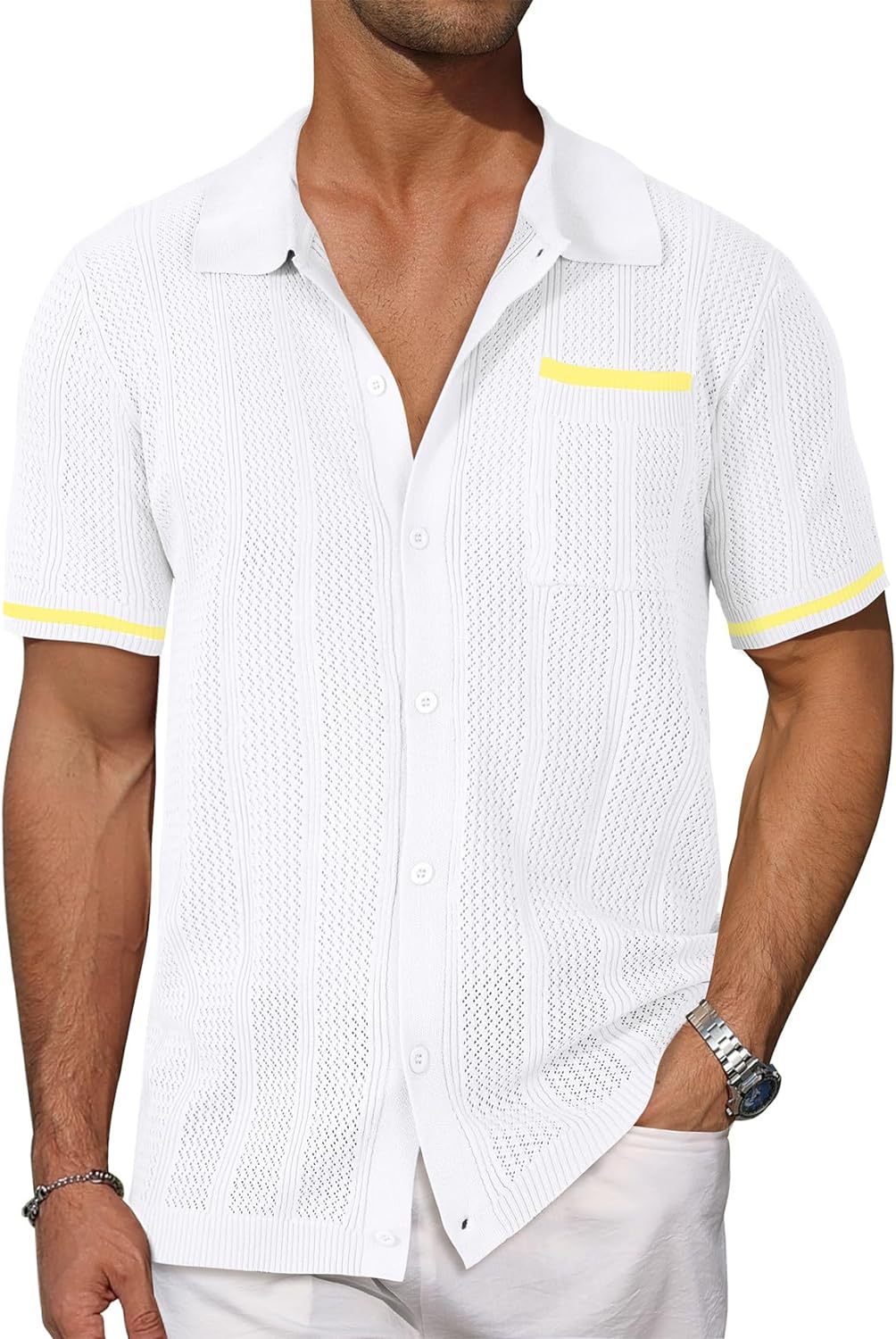Chemise à manches courtes Poche Hollow Respirant Cool Summer Veste Casual Homme Cardigan