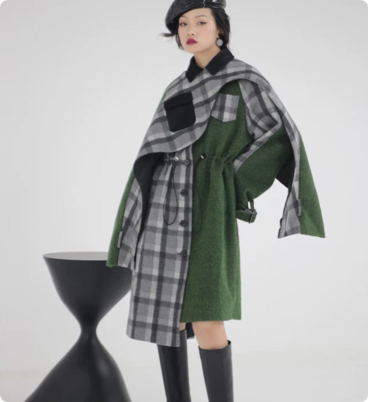 Patchwork vérifié Cape Tweed Coat amovible