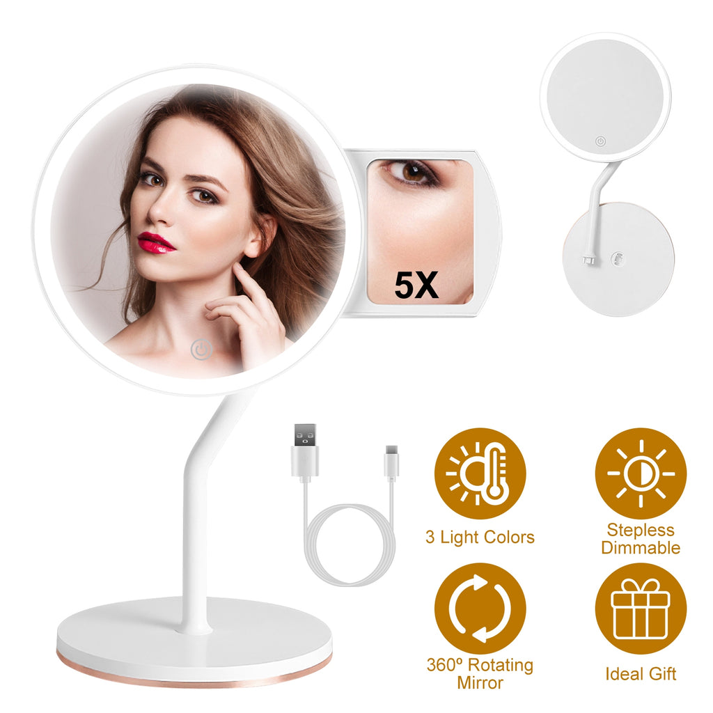 1Pc 7.48En 5X miroir de maquillage lumineux grossissant miroir d'agrandissement variable avec lumières L