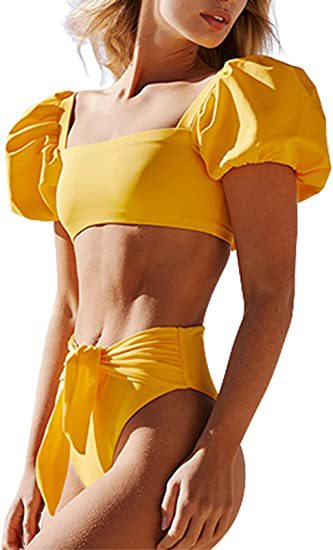 Maillot de bain taille haute avec manches et cravates à bulles