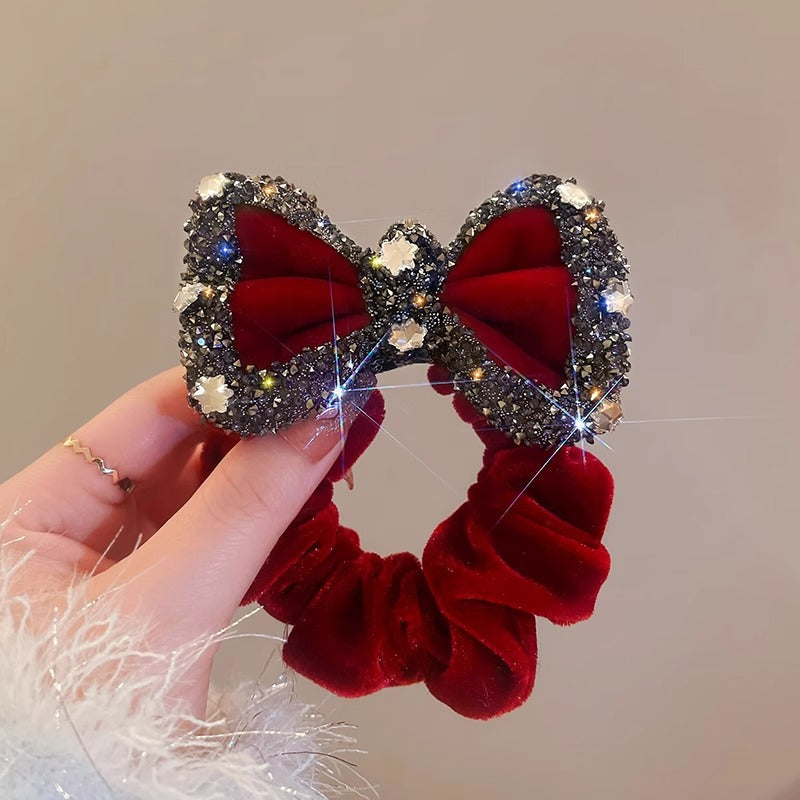 Red Velvet Strass Scrunchie avec un style de corde Bowwomens Cheveux Accessoire