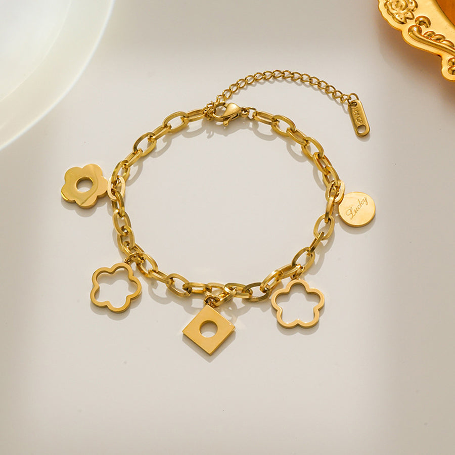 Femmes Multi Bracelet de Charme Fleur de Clover Hollow chanceux gravé Tag Paperclip Chaîne Or Si