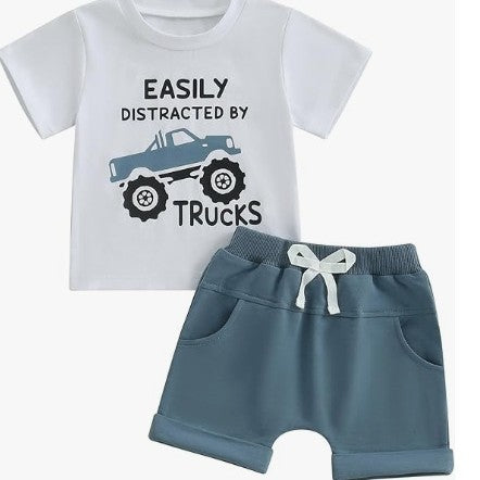 Baby Car Print Short-Sleeve Solid Color Shorts Casual Set
