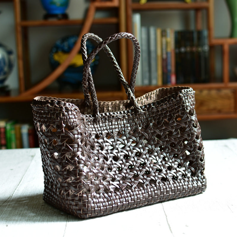 French style woven bag Genuine leather basket shape