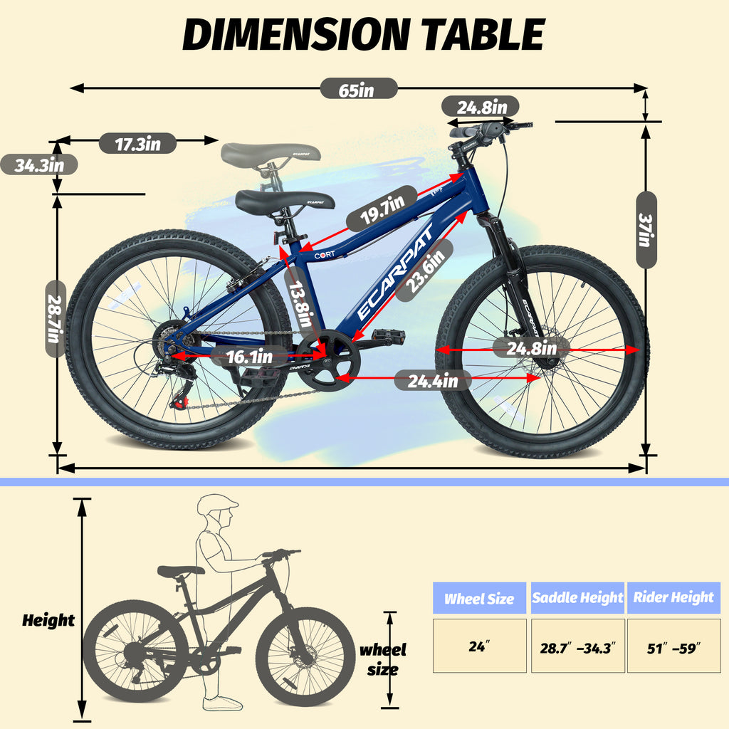 Vélo de montagne jeune 24 pouces avec 7 vitesses et suspension avant Cadre en acier durable