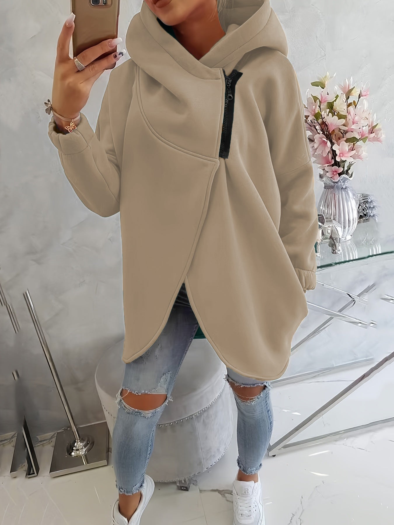 Sweat-shirt casual à capuche noir à manches longues européen et américain avec fron