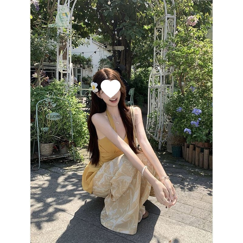 Pantalon d'été bi-pièces à deux manches à cintre jaune
