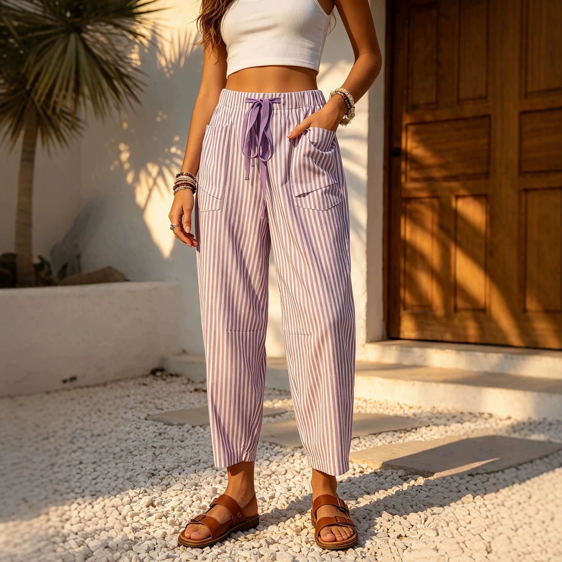 Pantalon pour femmes à poil élastique à imprimé rayé occasionnel