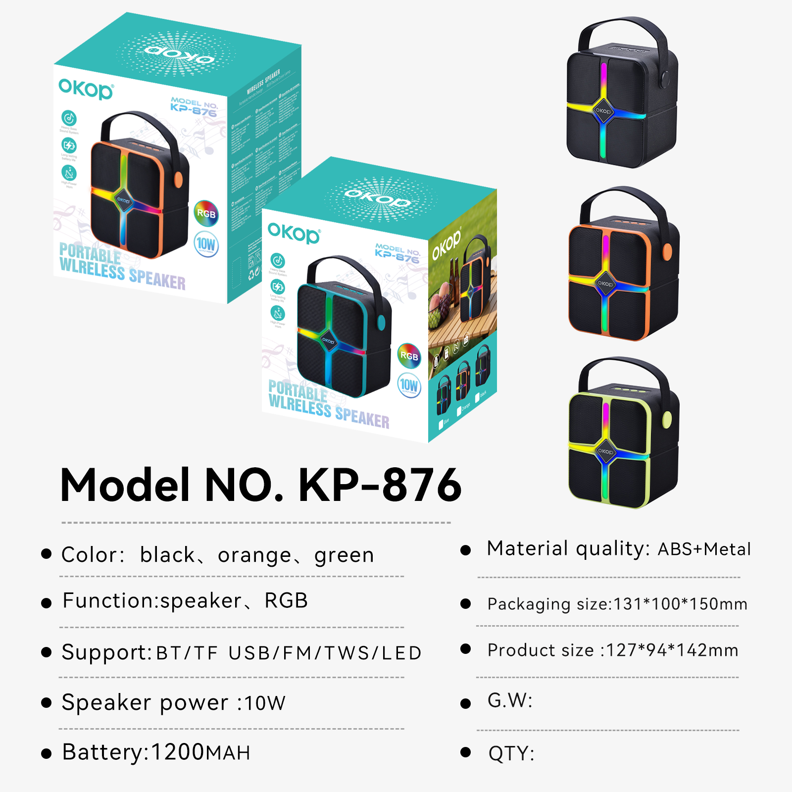 KP-876 Haut-parleur Bluetooth sans fil le plus vendu Poignée portable RGB Éclairage Batterie longue L