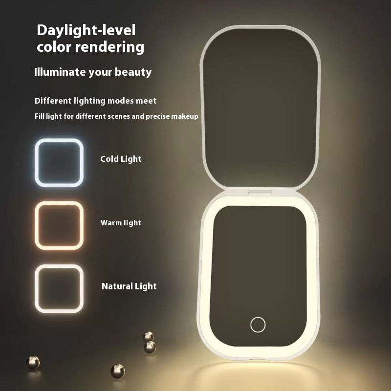 Miroir cosmétique pliable ultra-mince avec lumière tricolore légère