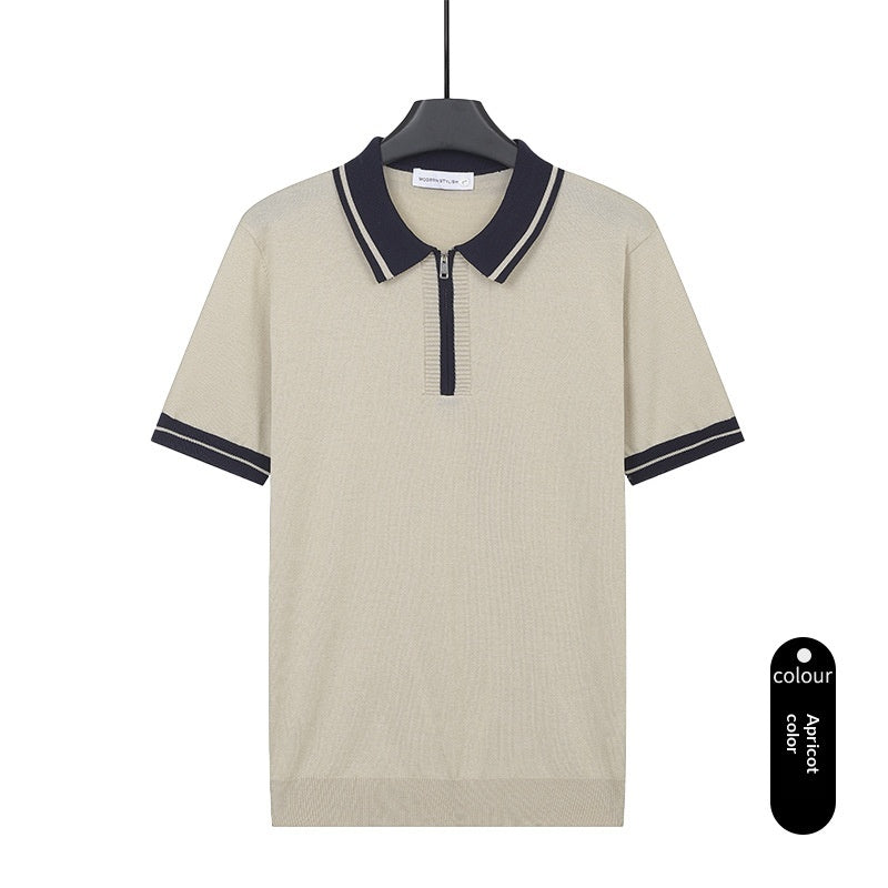 Men's short-sleeved knitted T-shirt with zip collar, contrasting color