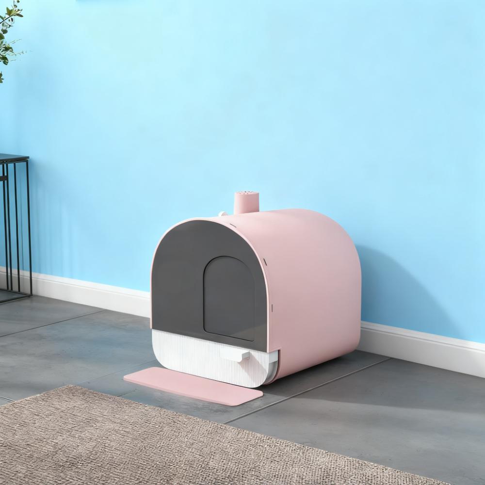 Boîte à litière pour chat rose avec couvercle et filtre