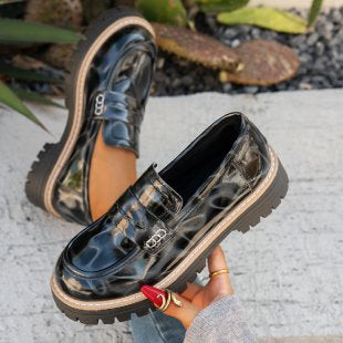 Cuir d'automne ceinture-Buckle Patent cuir Leopard-Imprimé Vintage Femmes Chaussures