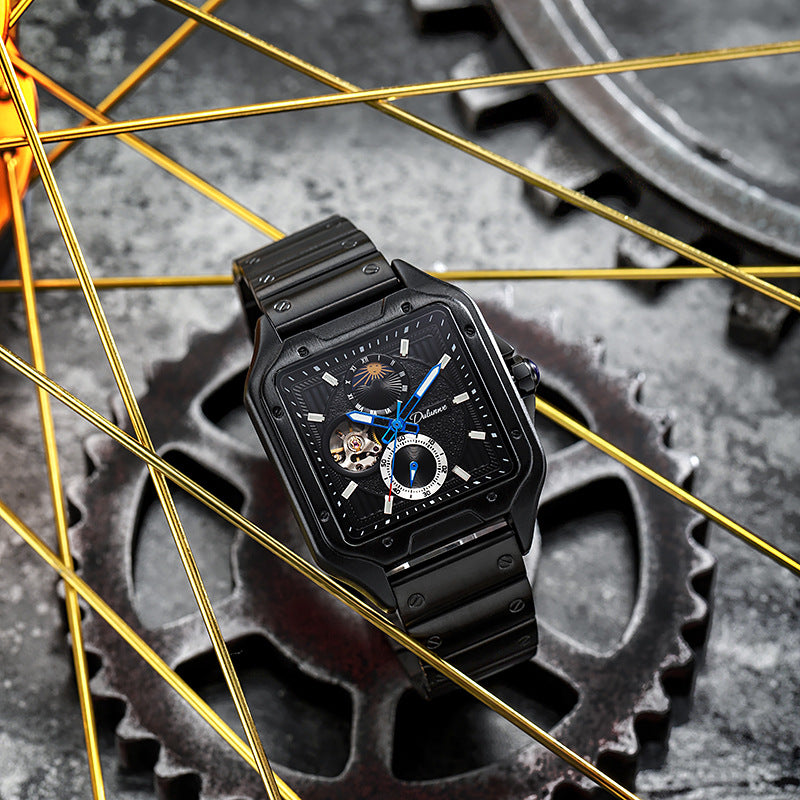 Flywheel étanche Hollow Out Trendy hommes Square Montre mécanique automatique
