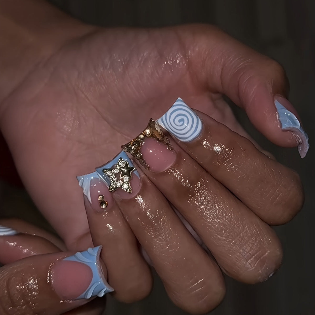 Water Drop Rhinestone Textured Short Press On Nails