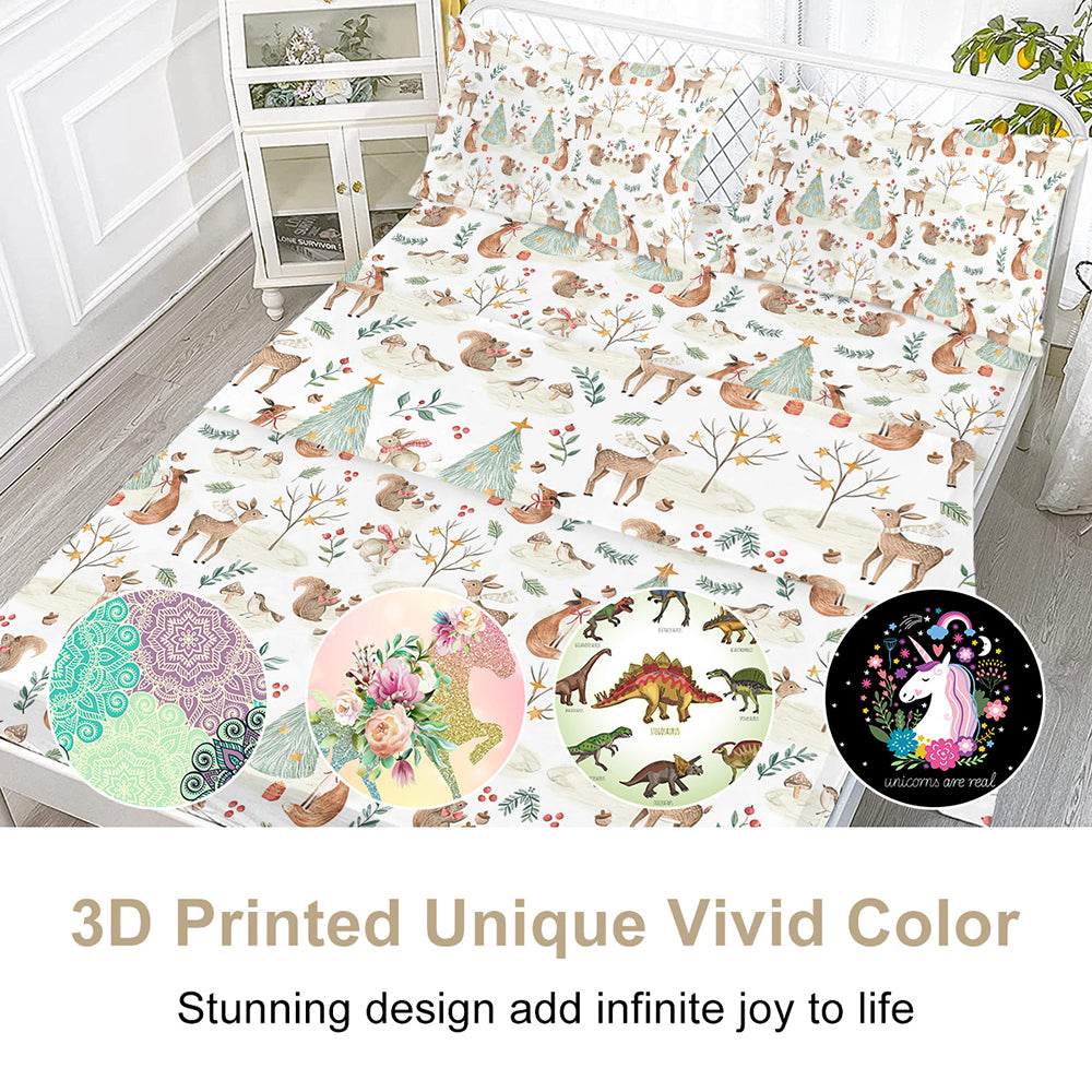 Ensemble de feuilles enfants - Cute Deer Fox 4 pièces Soft Microfibre Cartoon Style Feuilles de lit pour garçons G