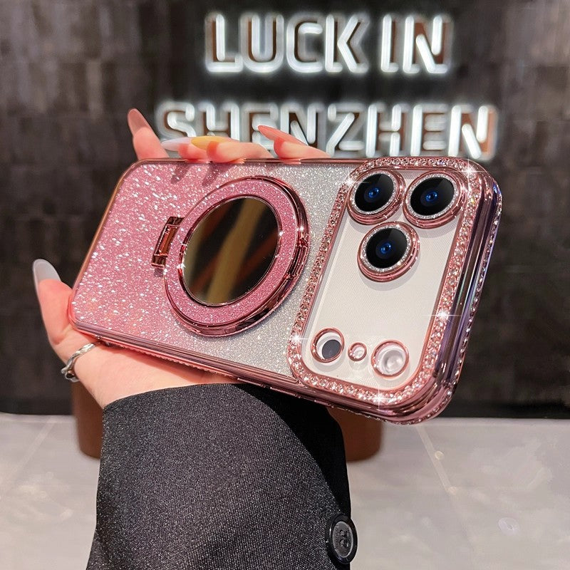 Étui téléphonique Bord de Strass Glitter Maquillage Miroir Support Aspiration magnétique