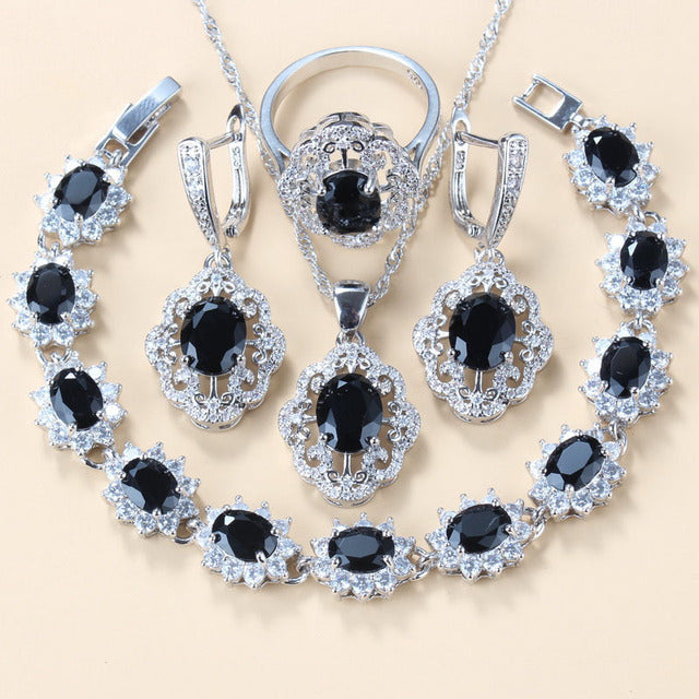 Garnet Cubic Zirconia Boucles d'oreilles Collier pendentif Bracelet Bague Cadeau 4 PCs Set