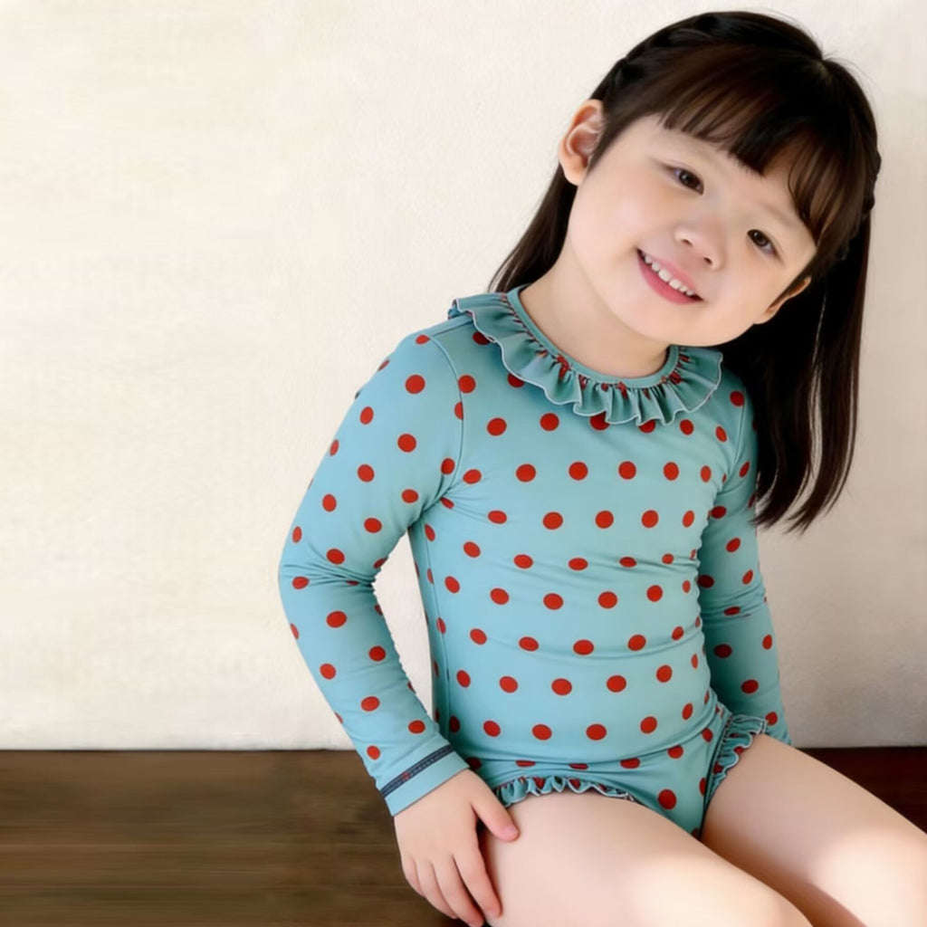 Style Coréen style Retro Polka point Manche longue Une pièce Maillot de bain pour bébés