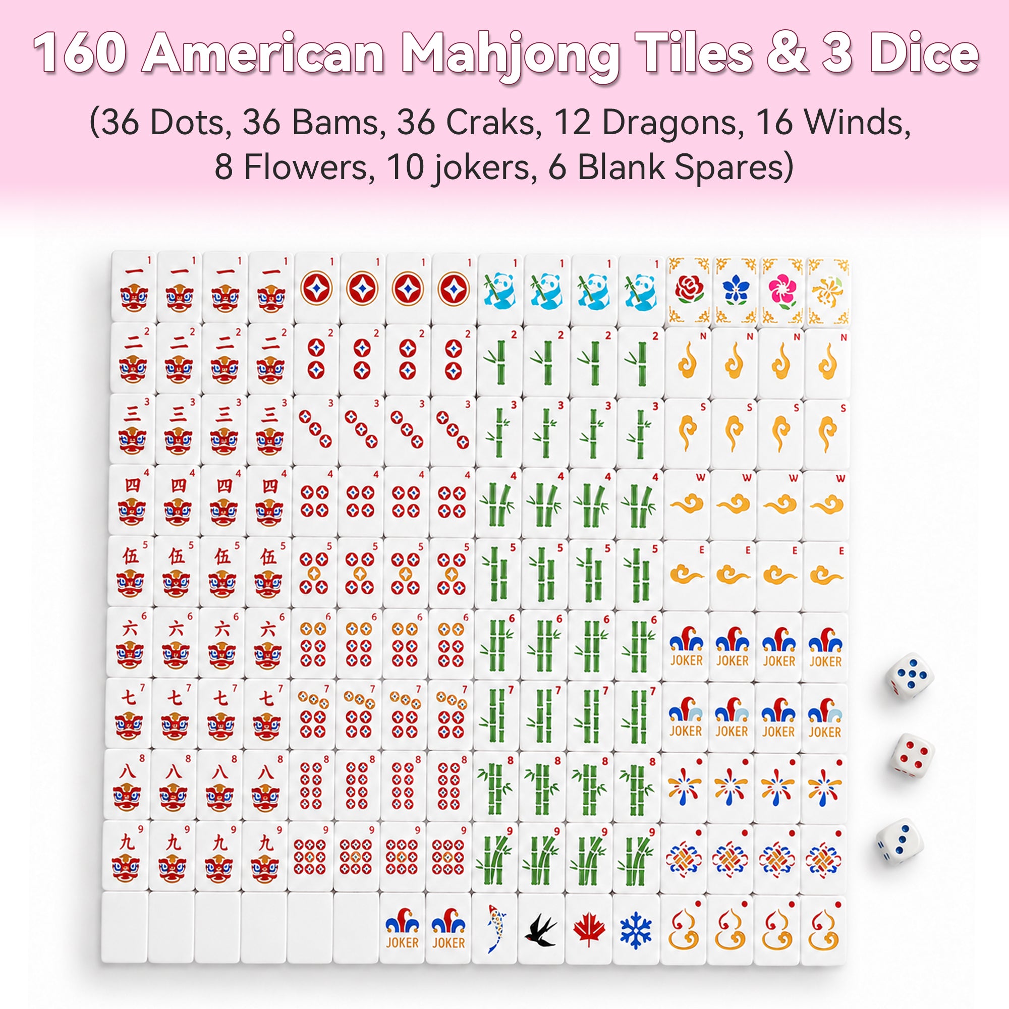 Ensemble de carreaux de Mahjong flottant 160PCS Style classique avec 3 dés