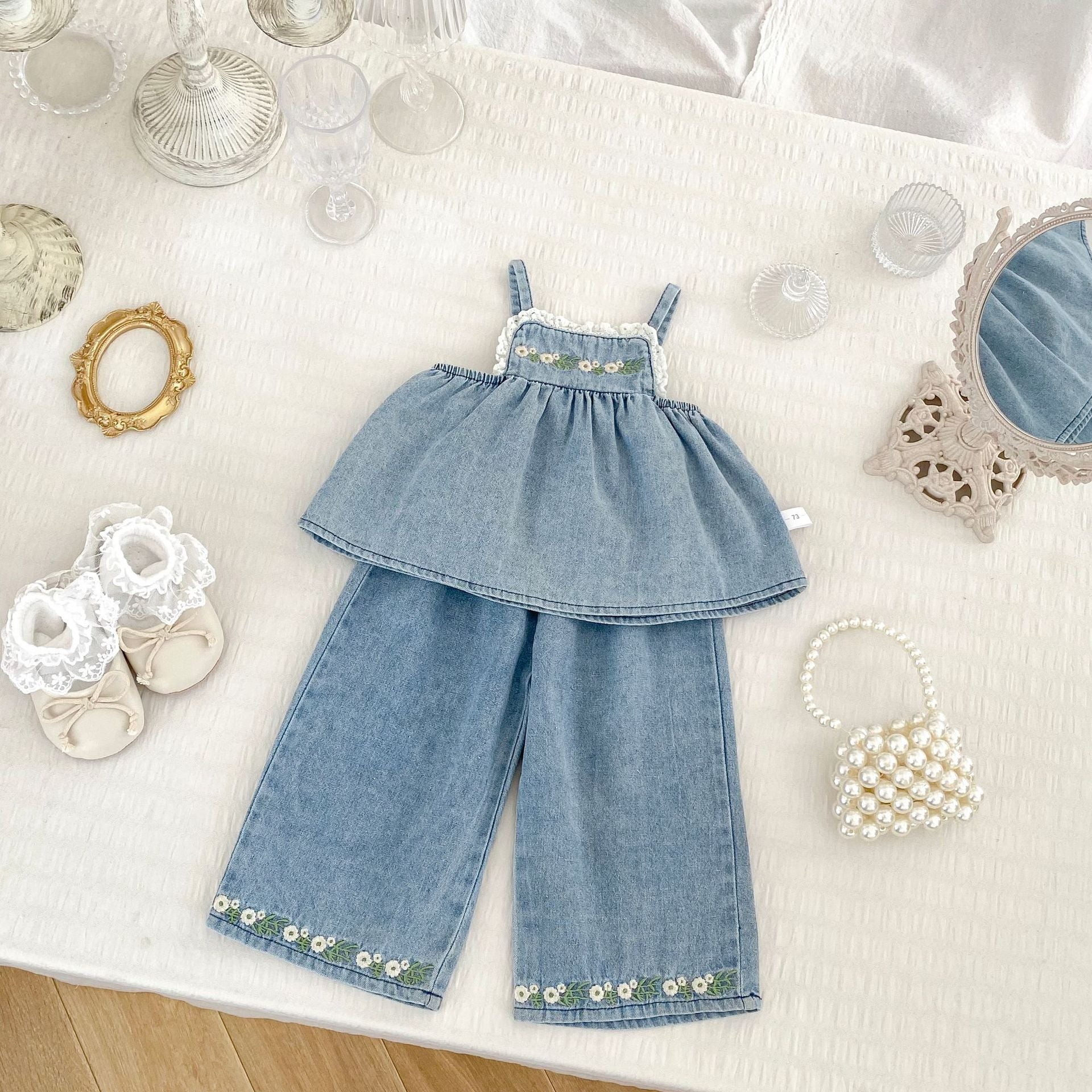 Camisole brodée et pantalons à large jambe Ensemble deux pièces pour filles