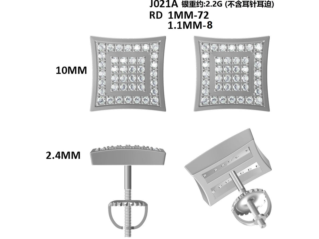 S925 Argent Sterling 76pcs D Couleur VVS1 Moissanite Carré Boucles d'oreilles Sterling 10mm Vis dos Hy