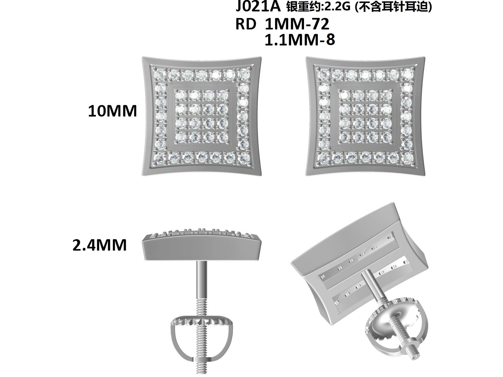 S925 Argent Sterling 76pcs D Couleur VVS1 Moissanite Carré Boucles d'oreilles Sterling 10mm Vis dos Hy