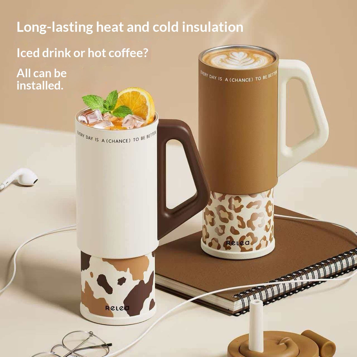 Ice brewing mug with stainless steel handle, large capacity car straw top for C