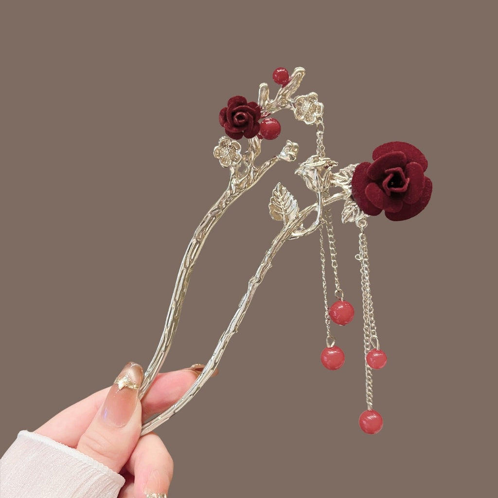 AutumnWinter Flocked Red Flower Hair Stick for Women Ma Mian Style